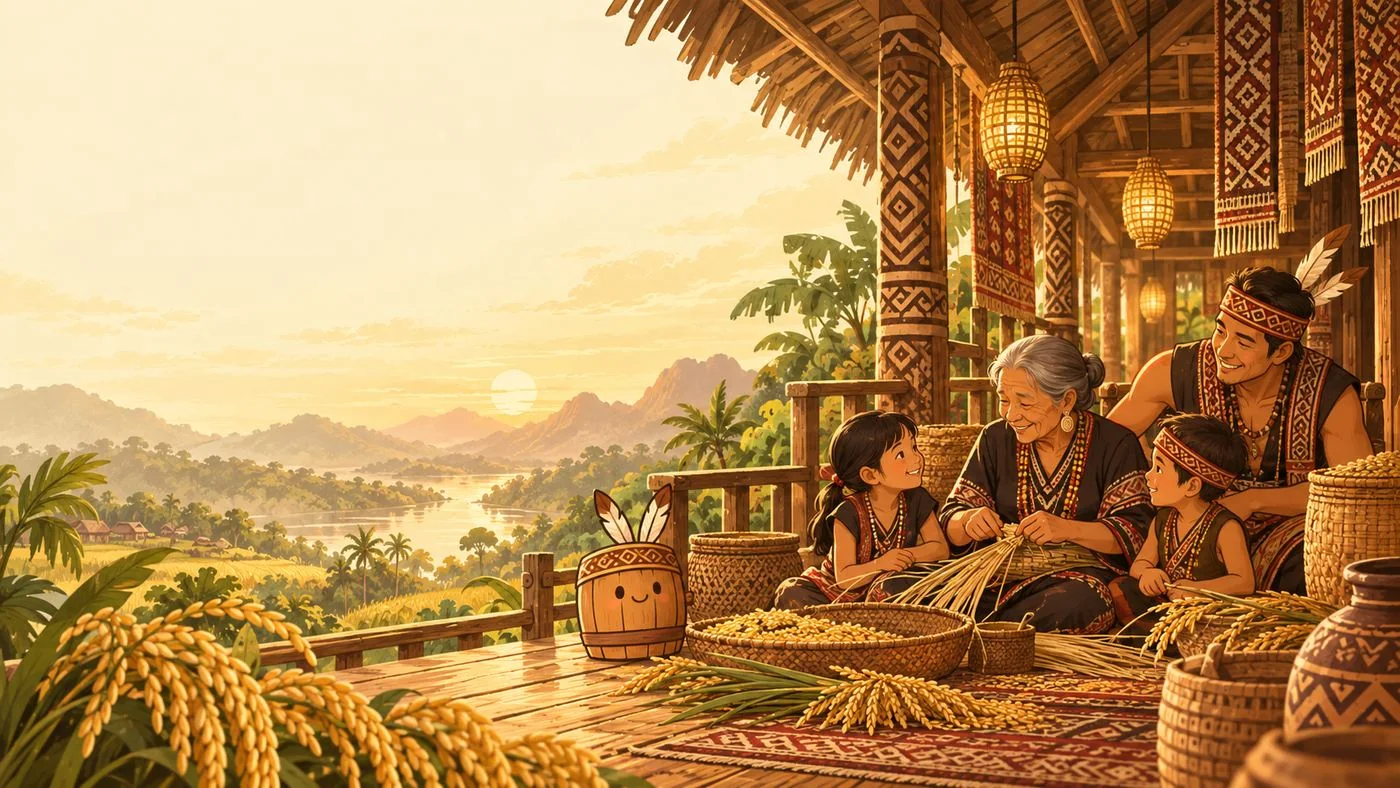 Warm illustrated longhouse family scene inspired by Sarawak heritage